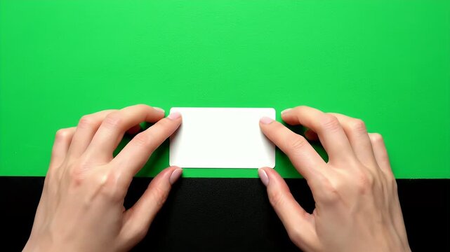 Hands Holding White Card Over Green Screen Background for Advertisement Display Presentation