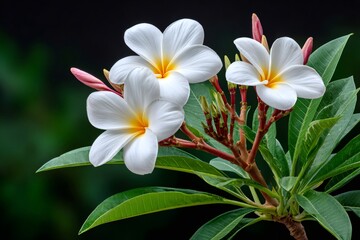 Obraz premium Frangipani flowers blooming on tropical plumeria branch