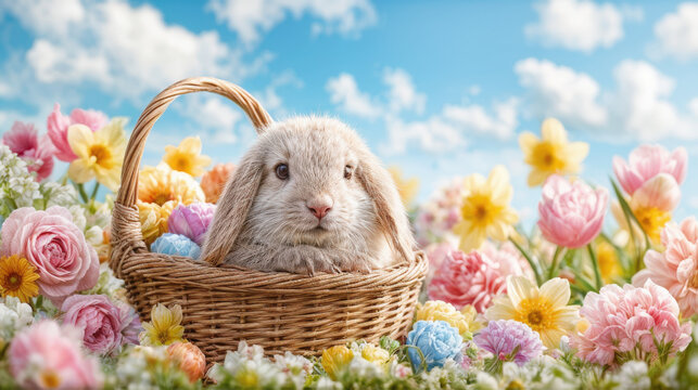 A charming Easter bunny nestled in a woven basket amidst a colorful array of spring flowers under a bright sky.  
