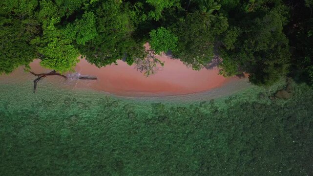 Pristine untouched shore coastline coral reef Wewak Sepik Region Madang Papua New Guinea PNG Papua Niugini aerial drone birdseye Yuo Musho Island Boram Meni Beach sand Bismarck Salomon Sea sunny waves