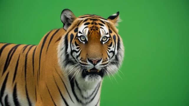Ultra detailed greenscreen tiger realistic stripes wildlife animation clip for content creators requiring professional animal overlay footage for cinematic editing and compositing work