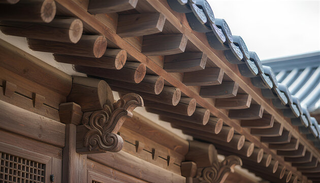 Detailed Wooden Eaves of Traditional Korean Hanok Architecture