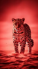 Naklejka premium Leopard Walking on Red Sandy Terrain at Sunset.