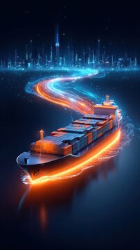 Container ship sailing in glowing waters
