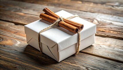White gift box with cinnamon sticks on rustic wood background