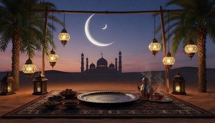 Serene desert setting for iftar with mosque at sunset