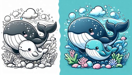 Obraz premium Cute Cartoon Whales Family Underwater Scene with Coral and Bubbles.