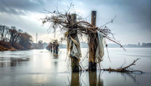 Discarded plastic sheeting and waterlogged branches tangled on submerged utility poles, stripped of their insulation, reflecting the environmental impact, captured by FlyPro Firefly.