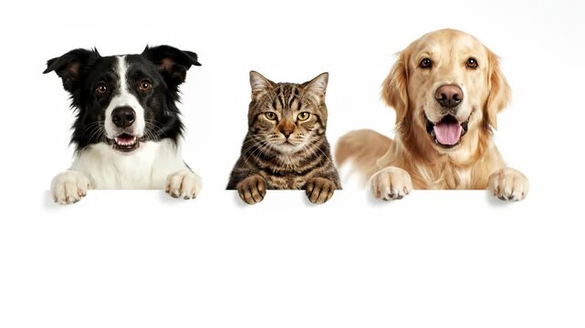 Three adorable pets peeking over a white banner with a dog, cat, and another dog 4k video