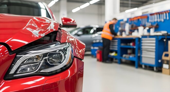 Car Body Shop: Damaged red vehicle front in professional garage, mechanic working in background, automotive collision repair, insurance claim service, vehicle restoration concept