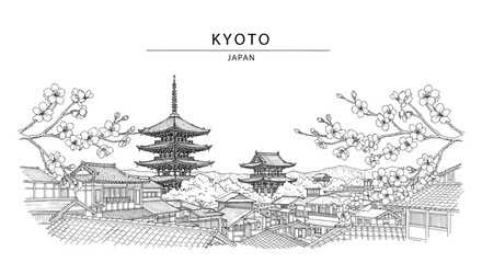 Obraz premium Black and white line drawing of Kyoto cityscape with pagodas and cherry blossoms