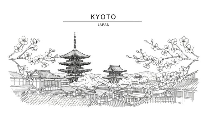 Black and white line drawing of Kyoto cityscape with pagodas and cherry blossoms