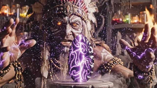 shaman ritual with glowing eyes and black stone