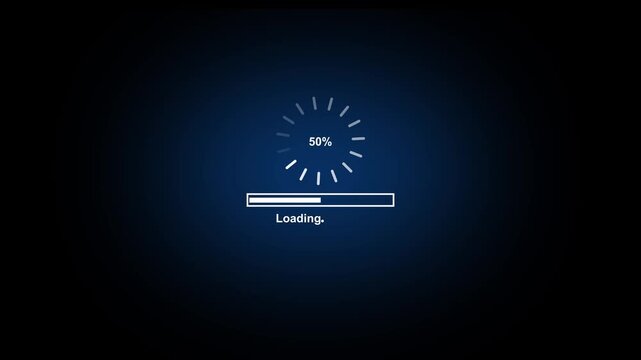 Progress bar animation with alpha channel, white loading bar animate on a transparent black and blue background, 4k Video.Loading circle refresh and reload animation.