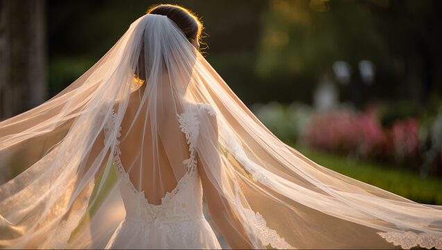 A beautiful bride wearing a flowing veil and elegant wedding dress seen from behind.