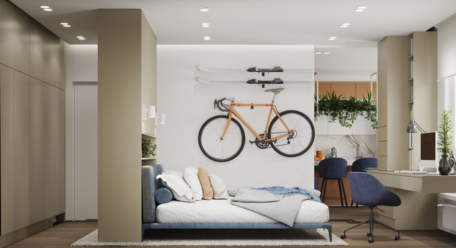 Modern studio apartment interior with wall-mounted bicycle and skis. Compact living space featuring a home office desk and kitchen background. 3d render of active lifestyle room design
