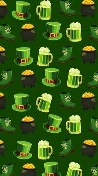 Festive St Patrick Day seamless pattern featuring green hats, beer mugs, boots and pots of gold on a dark green background. Irish holiday theme symbolizing luck and celebration