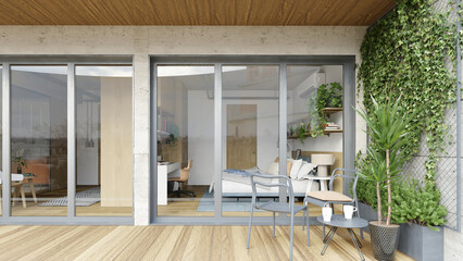 Fototapeta premium Modern bedroom interior viewed through glass sliding doors from a wooden terrace. Balcony with metal chairs and vertical garden wall. 3D rendering of residential architecture