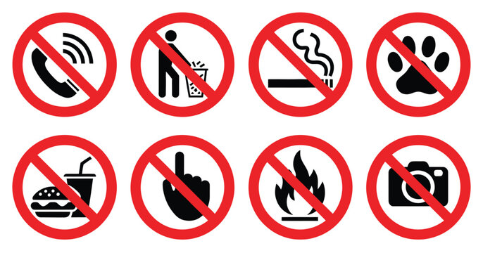 Prohibited Icons, flat vector symbols representing no cell phones, littering, smoking, pets, eating or drinking, do not touch, no fire, and photography prohibited, isolated on white background, ideal 