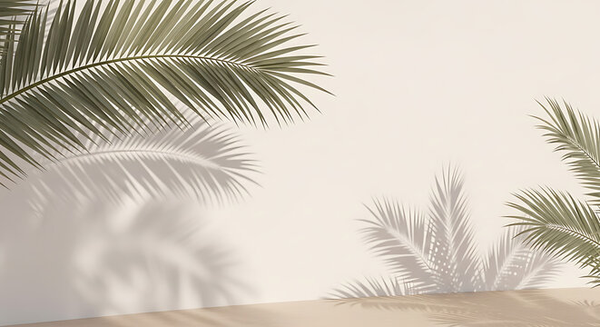 Palm tree leaves on sandy beach with beige background tropical landscape with green foliage and sunny weather