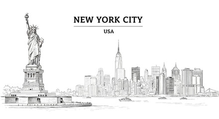 Black and white sketch of the Statue of Liberty and the Manhattan skyline across water © Julian Vance