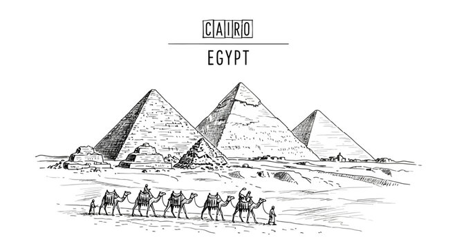 Black and white sketch of the Pyramids of Giza with a camel caravan in the foreground