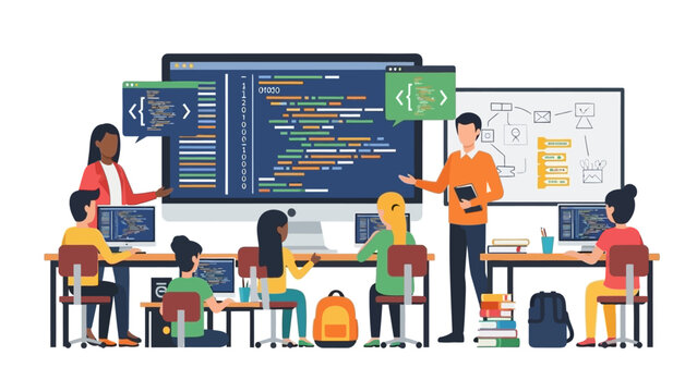 Children Learning Coding in a Modern Classroom with Teacher