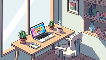 Cozy home office, pixel art style, laptop with video call, desk with plants and coffee