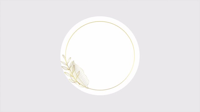 Minimalist White Circle Frame with Delicate Green Leaf Accent on Gray Background.