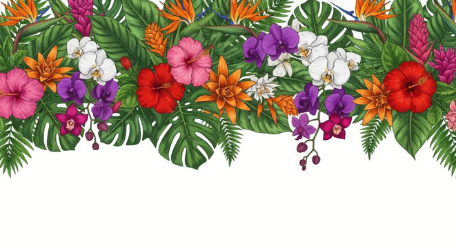 Tropical floral border illustration featuring hibiscus orchids bromeliads and large green foliage