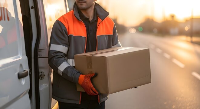Parcel Delivery: Courier holding cardboard box in front of white van at sunset, logistics shipping service, express mail transport, commercial cargo, ecommerce distribution and supply chain concept