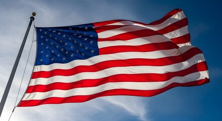 Obraz premium American Flag: United States national flag waving in blue sky, patriotism and freedom, US pride, memorial day celebration, independence day and national holiday concept