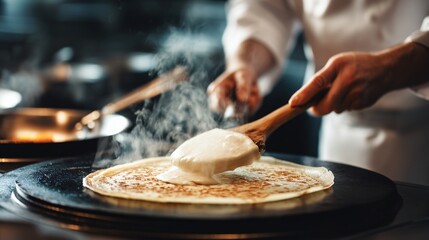 chef preparing traditional French crepe on hot griddle, spreading batter with crepe rake, steam rising, professional kitchen lighting, culinary technique