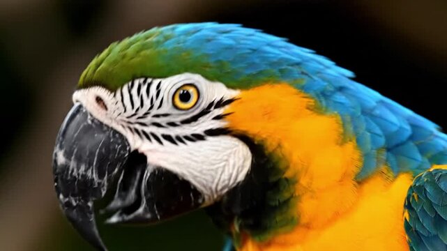 Closeup of a macaws head featuring bright blue green and yellow feathers a black beak and striking yellow eyes