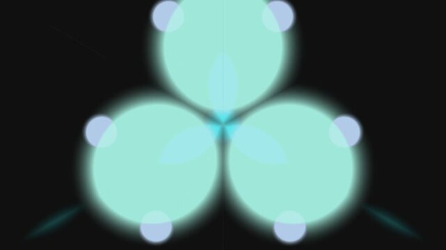 Glowing mint green abstract shape with three rounded lobes and white accents on a black background with a shallow focus effect.