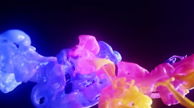 Colorful Ink Explosion. Vibrant Pigments Clash And Swirl. Bright Ink Flows Merge With Vivid Hues Shifting