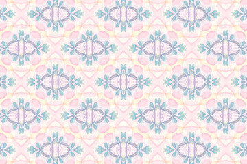 Fototapeta premium Seamless pastel geometric pattern with soft aqua, lavender, and peach tones creating an ornate, symmetrical textile design for backgrounds or branding.