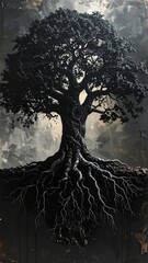 Majestic dark tree with sprawling roots against a misty sky
