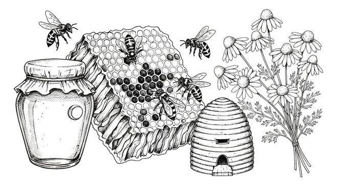 Honey and bees illustration jar honeycomb hive and chamomile flowers