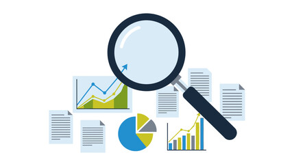 Magnifying glass over charts and documents, data analysis concept © Alis