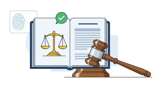 Law and Justice Concept: Open Book with Scales of Justice, Gavel, Fingerprint