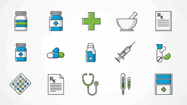 Medical Icons Set: Pills, Syringe, Stethoscope, Rx Prescription, Thermometer