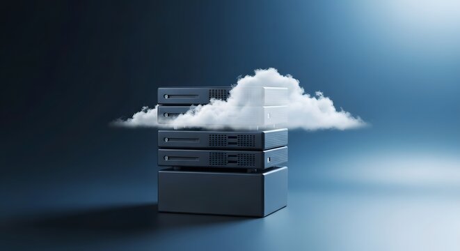 Stack of computer servers with white cloud representing cloud computing data storage concept on blue background