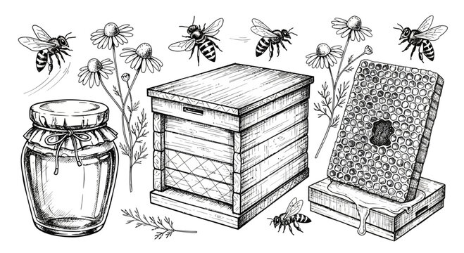 Honey bees and beehive illustration nature and agriculture concept