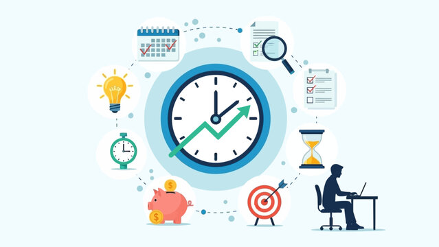 Time Management Concept: Clock, Calendar, Piggy Bank, Lightbulb, Hourglass, Target, Workflow