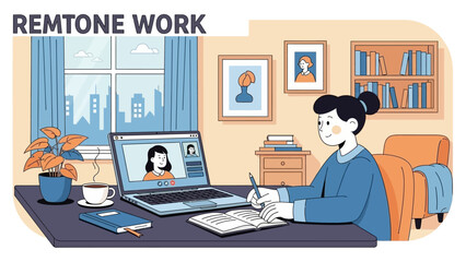 Fototapeta premium Woman working remotely on laptop with video call, studying and writing at home office