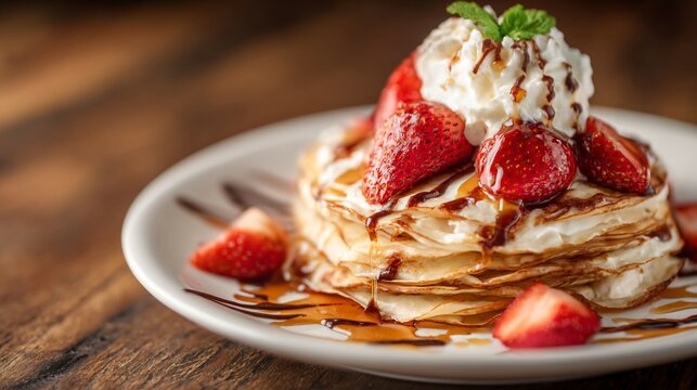stack of sweet crepes with strawberries, whipped cream, honey drizzle, fine dining dessert styling, macro food shot, vibrant lighting