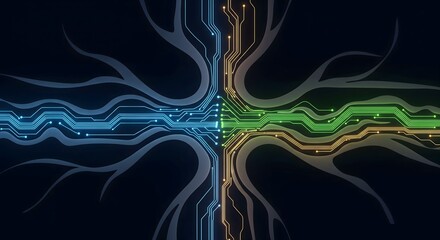 Abstract glowing circuit board lines forming organic tree root pattern on dark background