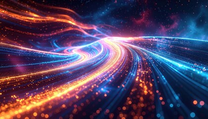 Obraz premium A detailed photographic capture of an abstract flow of energy patterns representing rapid transmission with pulsating neon lighting, reminiscent of a FlyPro Firefly.