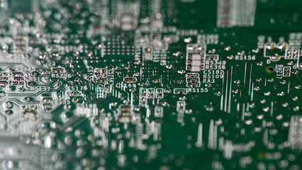 Circuit board with microelectronics surface. Circuit board in close-up macro. Circuit board for digital technology. Circuit board as pcb background.